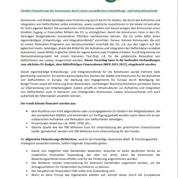 A screenshot of the homepage of the short concept "Direct financing of municipalities through a European development and integration fund". Europe should strengthen the voluntary reception of refugees by cities and municipalities with an investment initiative. Additional funding should give municipalities more room for manoeuvre. Those municipalities that are willing to take in refugees should be reimbursed for the costs of reception and integration directly from a European development and integration fund. Municipalities wishing to take on more responsibility would thus have the financial means to do so. As an additional incentive, they should receive the same amount of funding for their own municipal development. In this way, towns and municipalities could experience a revitalisation not only economically, but also culturally, as funds would be available for cultural projects, for example.  This concept outlines how such a fund could be financed.