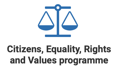 Logo des CERV programme (Citizens, Equality, Rights and Values) mit dem Symbol einer Waage.