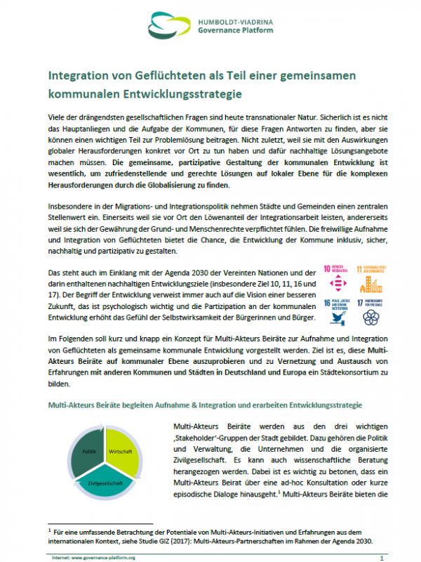 A screenshot of the front page of the publication "Integration of refugees as part of joint municipal development". The joint, participatory shaping of municipal development is essential in order to find satisfactory and fair solutions at local level to the complex challenges posed by globalisation. Cities and municipalities play a central role in migration and integration policy in particular. On the one hand, because they carry out the lion's share of integration work locally and, on the other, because they are committed to guaranteeing fundamental and human rights. The voluntary reception and integration of refugees offers the opportunity to shape the development of the municipality in an inclusive, safe, sustainable and participatory manner. This concept introduces the multi-stakeholder advisory councils for the reception and integration of refugees.