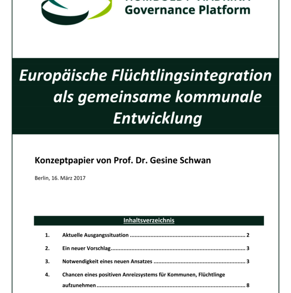 A screenshot of the cover page of the concept paper "Concept Paper European Refugee Integration as a Common Municipal Development". In order to pursue a humane and at the same time managed and controlled European refugee policy that is in line with EU values, legal access to Europe is needed. With the voluntary participation of European host countries, ways must be found for the decentralised settlement of people seeking protection in Europe that would not overburden any of the states. In order to tackle this challenge, a European migration and refugee policy is needed that opens up new room for manoeuvre for local authorities, which are already responsible for the main task of integration, through additional funding. Municipalities that voluntarily accept and integrate refugees should not only be reimbursed for the costs incurred in accepting refugees, but should also receive funds that they can use to improve municipal infrastructure (schools, administration, business development). Such an asylum and refugee policy could also provide the EU with a human and economic vitality boost that is in its interest. This concept paper by Prof Dr Gesine Schwan discusses what this could look like.