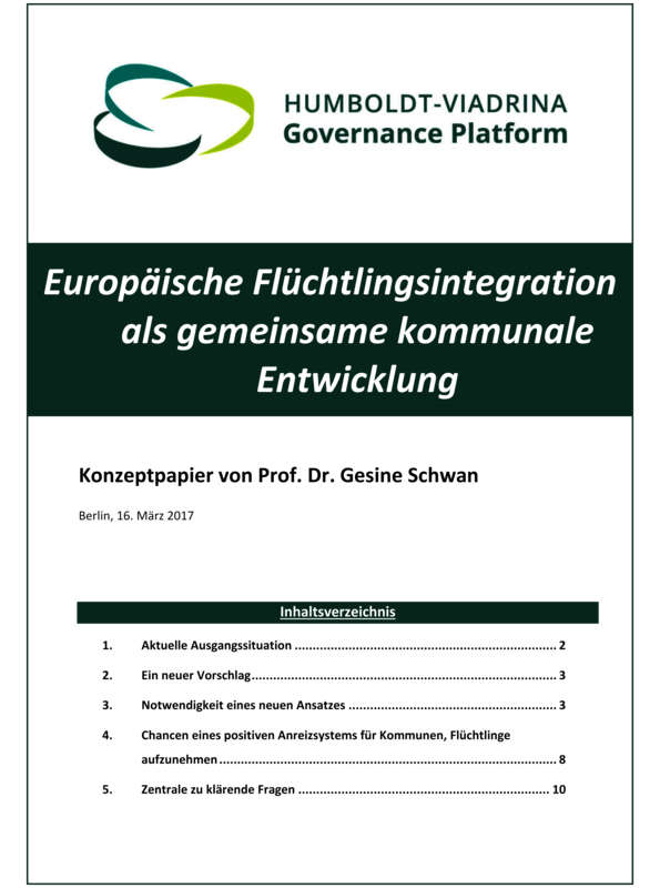 A screenshot of the cover page of the concept paper "Concept Paper European Refugee Integration as a Common Municipal Development". In order to pursue a humane and at the same time managed and controlled European refugee policy that is in line with EU values, legal access to Europe is needed. With the voluntary participation of European host countries, ways must be found for the decentralised settlement of people seeking protection in Europe that would not overburden any of the states. In order to tackle this challenge, a European migration and refugee policy is needed that opens up new room for manoeuvre for local authorities, which are already responsible for the main task of integration, through additional funding. Municipalities that voluntarily accept and integrate refugees should not only be reimbursed for the costs incurred in accepting refugees, but should also receive funds that they can use to improve municipal infrastructure (schools, administration, business development). Such an asylum and refugee policy could also provide the EU with a human and economic vitality boost that is in its interest. This concept paper by Prof Dr Gesine Schwan discusses what this could look like.
