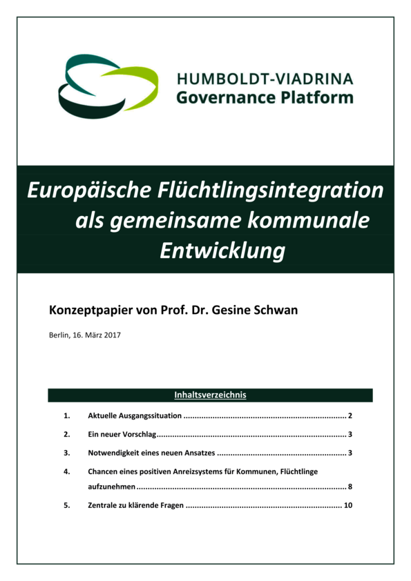 A screenshot of the cover page of the concept paper "Concept Paper European Refugee Integration as a Common Municipal Development". In order to pursue a humane and at the same time managed and controlled European refugee policy that is in line with EU values, legal access to Europe is needed. With the voluntary participation of European host countries, ways must be found for the decentralised settlement of people seeking protection in Europe that would not overburden any of the states. In order to tackle this challenge, a European migration and refugee policy is needed that opens up new room for manoeuvre for local authorities, which are already responsible for the main task of integration, through additional funding. Municipalities that voluntarily accept and integrate refugees should not only be reimbursed for the costs incurred in accepting refugees, but should also receive funds that they can use to improve municipal infrastructure (schools, administration, business development). Such an asylum and refugee policy could also provide the EU with a human and economic vitality boost that is in its interest. This concept paper by Prof Dr Gesine Schwan discusses what this could look like.