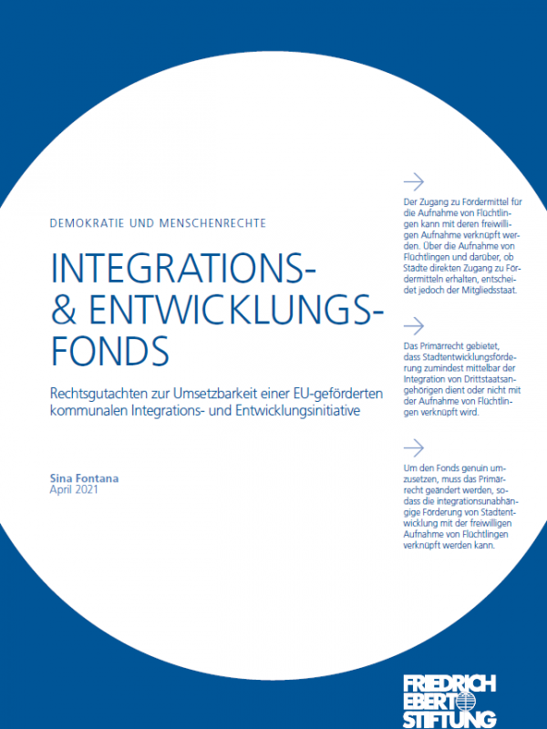 A screenshot of the title of the legal opinion "Integration and Development Fund". The European Union's refugee policy lacks a medium and long-term strategy that supports actors in the EU who are willing to receive and integrate refugees. This includes, in particular, local authorities, which have not yet been sufficiently recognised as independent actors. In order not to view the reception of refugees as a burden, but rather to utilise it as an opportunity for sustainable development, we propose that the EU should set up an independent "Integration and Development Fund". From this, municipalities that participate in a relocation programme for people seeking protection from Europe's external borders could receive direct funding for the reception and integration of refugees. Our proposal envisages that they would also receive the same amount of funding for their own municipal development projects. From the perspective of EU law, the first question that arises is whether the European Union is authorised under primary law to establish such a fund. The legal opinion examines precisely this question.