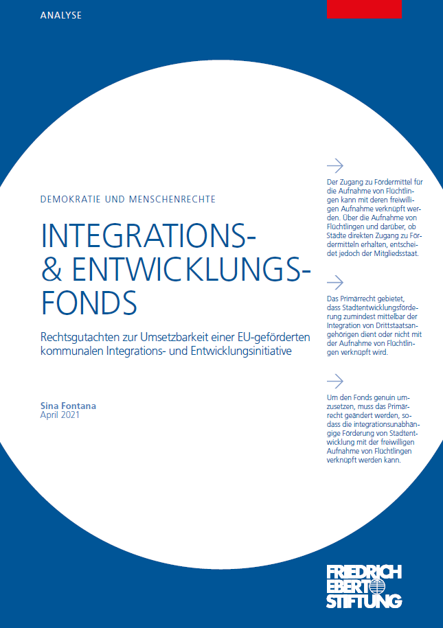 A screenshot of the title of the legal opinion "Integration and Development Fund". The European Union's refugee policy lacks a medium and long-term strategy that supports actors in the EU who are willing to receive and integrate refugees. This includes, in particular, local authorities, which have not yet been sufficiently recognised as independent actors. In order not to view the reception of refugees as a burden, but rather to utilise it as an opportunity for sustainable development, we propose that the EU should set up an independent "Integration and Development Fund". From this, municipalities that participate in a relocation programme for people seeking protection from Europe's external borders could receive direct funding for the reception and integration of refugees. Our proposal envisages that they would also receive the same amount of funding for their own municipal development projects. From the perspective of EU law, the first question that arises is whether the European Union is authorised under primary law to establish such a fund. The legal opinion examines precisely this question.