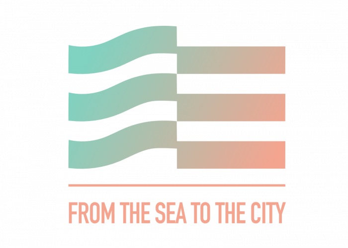 Das Logo und der Schriftzug des Migrationsprojektes From the Sea to the City (FSTC) in Farbe. Ein Teil des Logos symbolisiert Wellen.