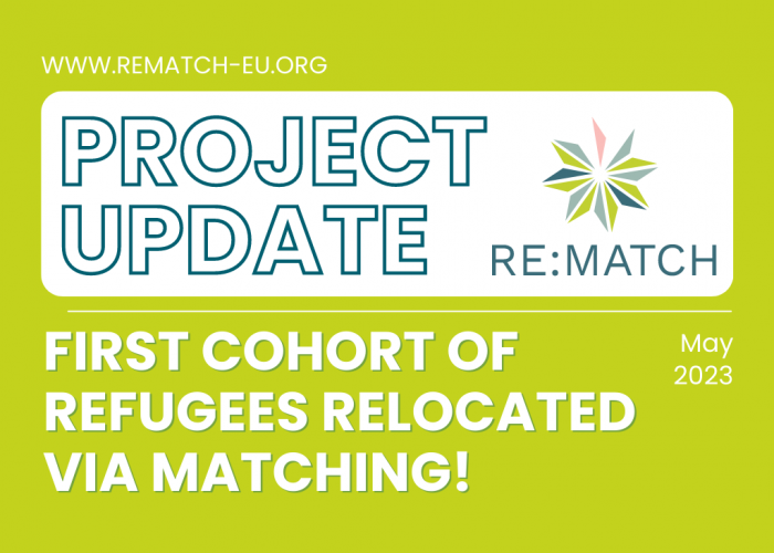 A banner for the blog entry "Re:Match project: First relocation & admission via matching successful!" from May 2023 for a migration project of the Berlin Governance Platform.