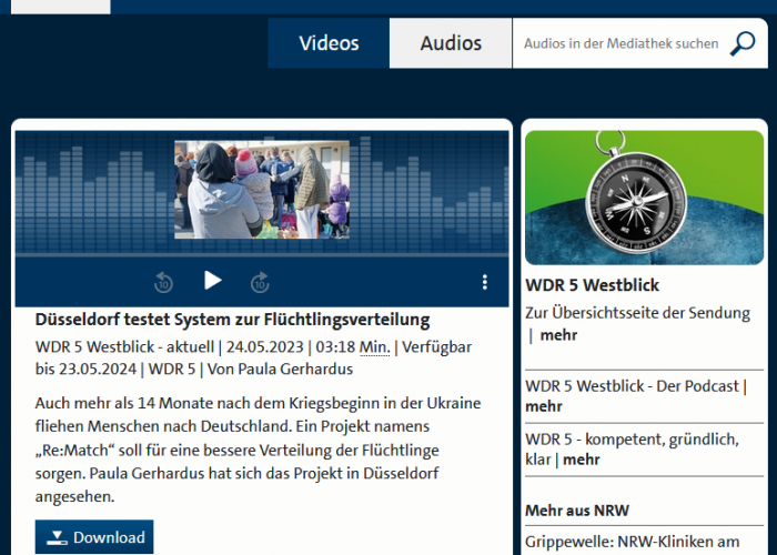 A screenshot of the WDR article "Düsseldorf tests system for refugee distribution" The Re:Match project was portrayed in a new WDR audio report, among other things about the project status in our partner municipality Düsseldorf and our goal of piloting a needs-based and individualised distribution mechanism using an algorithm.
