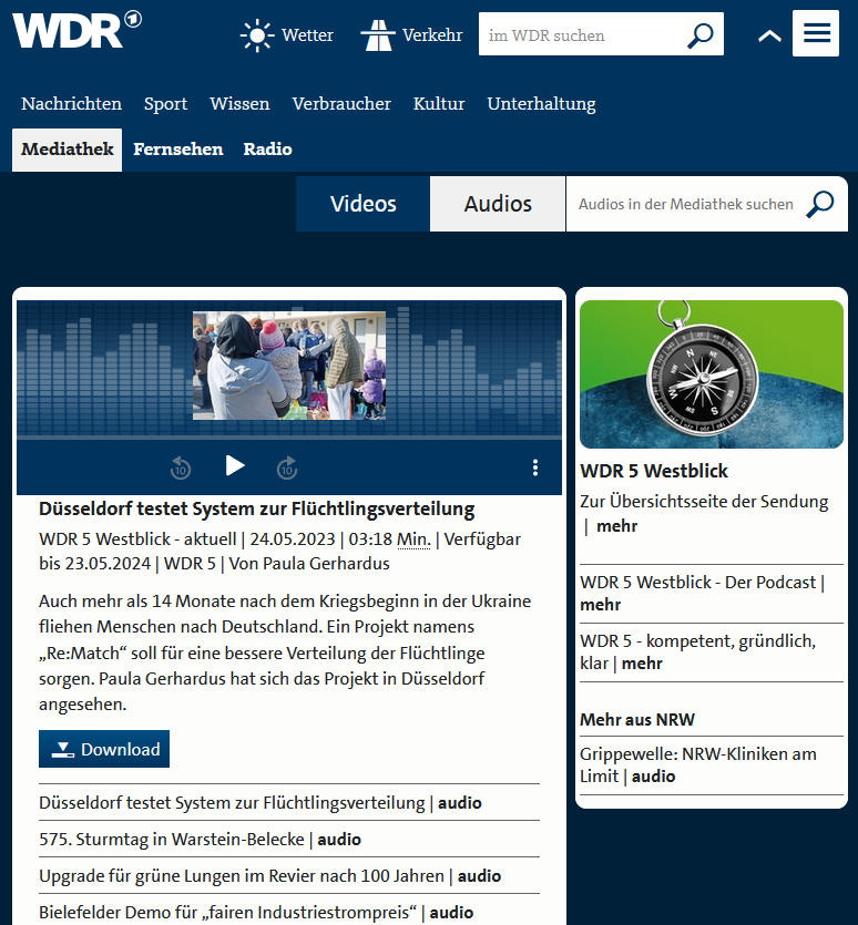 A screenshot of the WDR article "Düsseldorf tests system for refugee distribution" The Re:Match project was portrayed in a new WDR audio report, among other things about the project status in our partner municipality Düsseldorf and our goal of piloting a needs-based and individualised distribution mechanism using an algorithm.