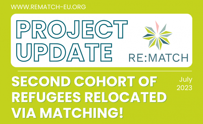A banner for the blog entry "Re:Match project: First relocation & admission via matching successful!" from July 2023 for a migration project of the Berlin Governance Platform.