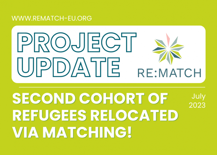 Ein Banner für den Blogeintrag "Re:Match Projekt: Erste Relocation & Aufnahme via Matching erfolgreich!" von Juli 2023 für ein Migrationsprojekt der Berlin Governance Platform.