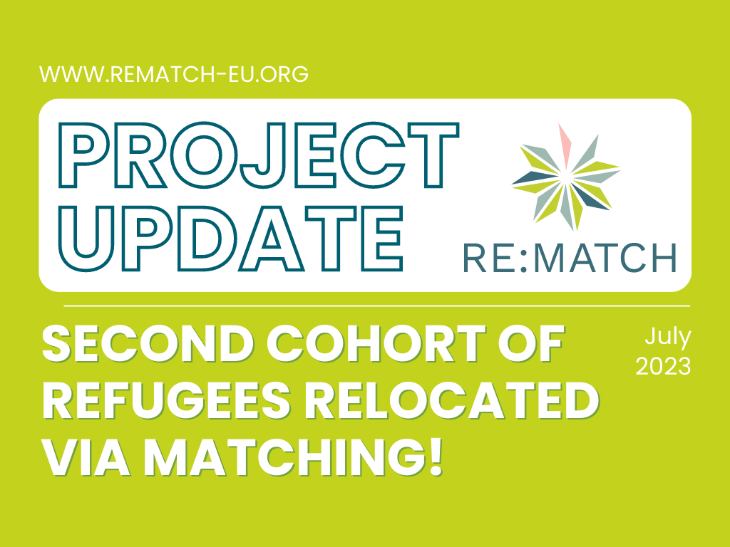 Ein Banner für den Blogeintrag "Re:Match Projekt: Erste Relocation & Aufnahme via Matching erfolgreich!" von Juli 2023 für ein Migrationsprojekt der Berlin Governance Platform.
