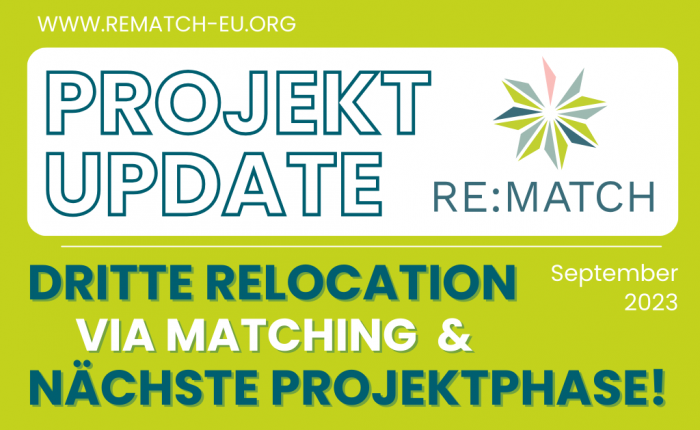 A banner for the blog entry "Re:Match project: third relocation & admission via matching successful! Next steps: Evaluation and political communication " from September 2023 for the migration project Re:Match - Relocation via Matching of the Berlin Governance Platform.