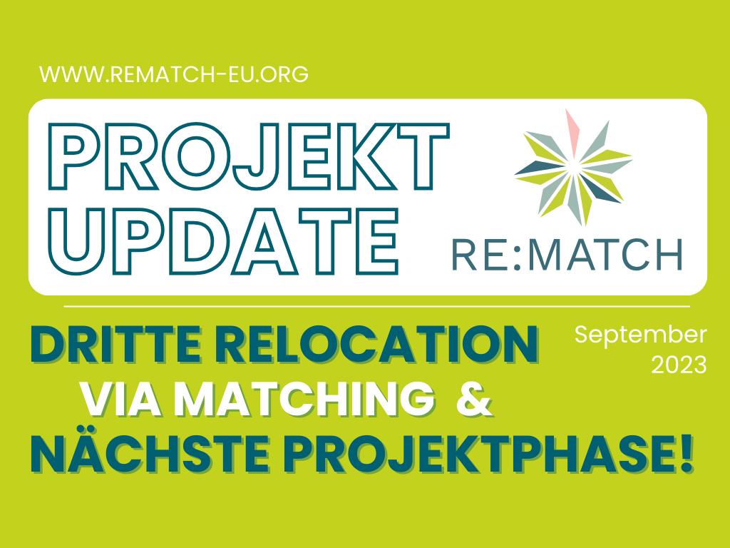 A banner for the blog entry "Re:Match project: third relocation & admission via matching successful! Next steps: Evaluation and political communication " from September 2023 for the migration project Re:Match - Relocation via Matching of the Berlin Governance Platform.